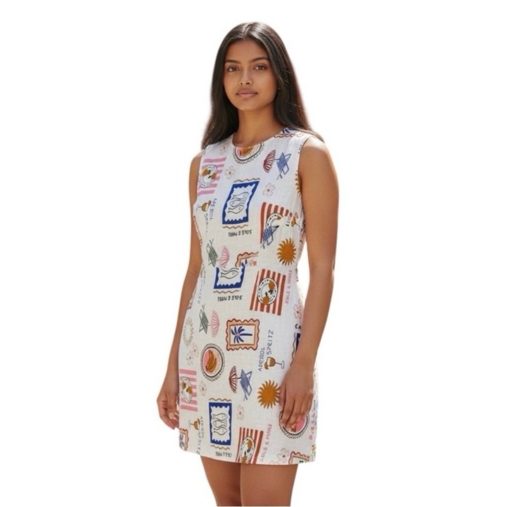 Paper Heart Womens Aperol Spritz Print Linen Blend Shift Dress Sleeveless Medium